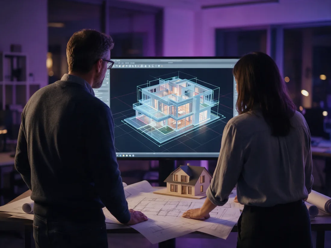 Arquitetos analisando o modelo BIM de uma casa