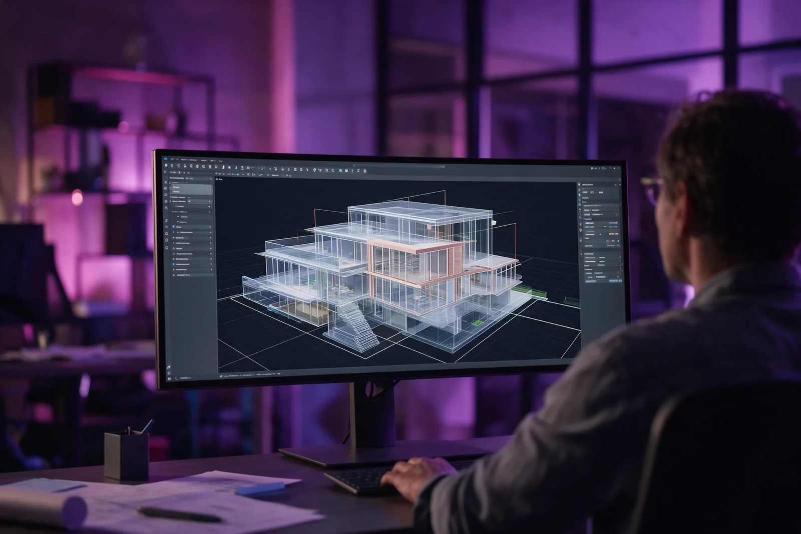 Projetista diante de um monitor com o modelo BIM de uma edificação