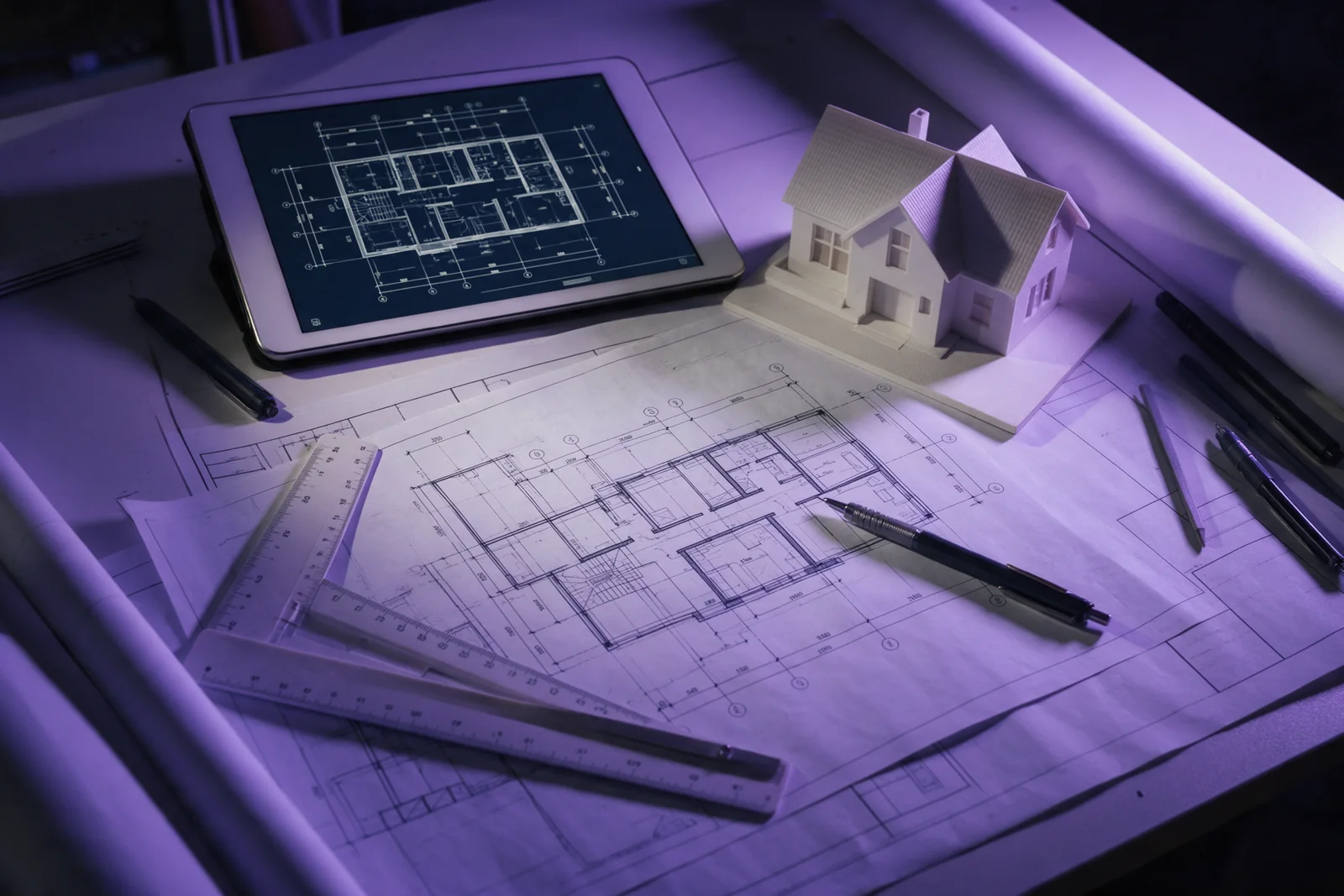Mesa de desenho com plantas, escalímetro, tablet com planta em CAD e maquete