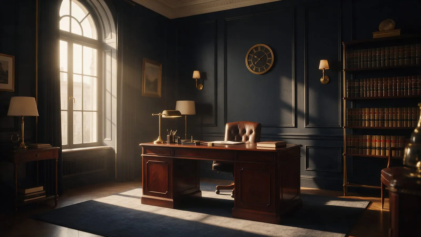 Escritório de advocacia com mesa de mogno e biblioteca