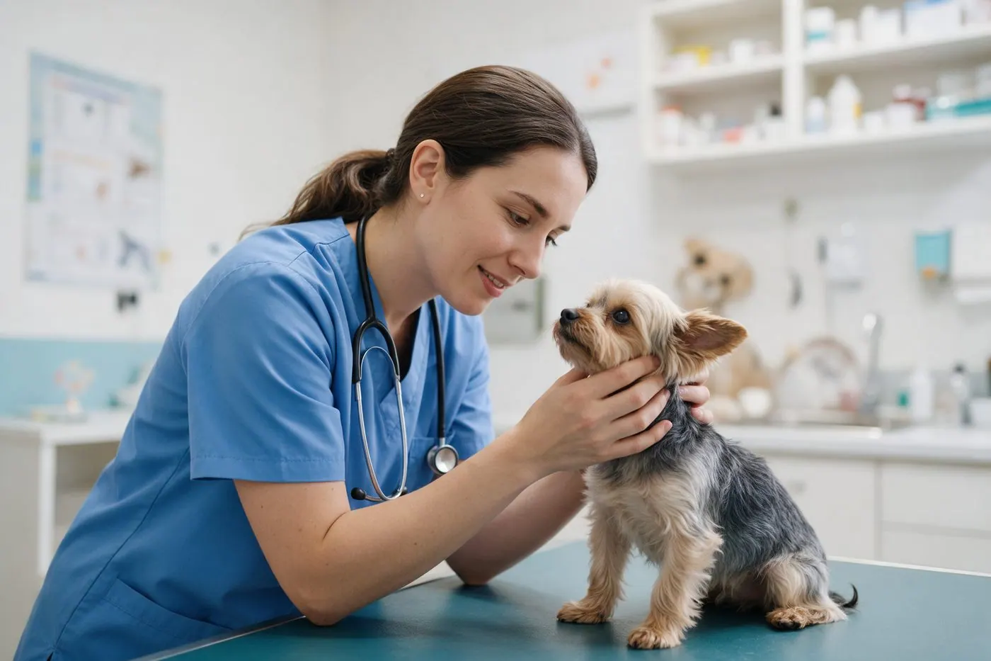Veterinária examinando um cachorro