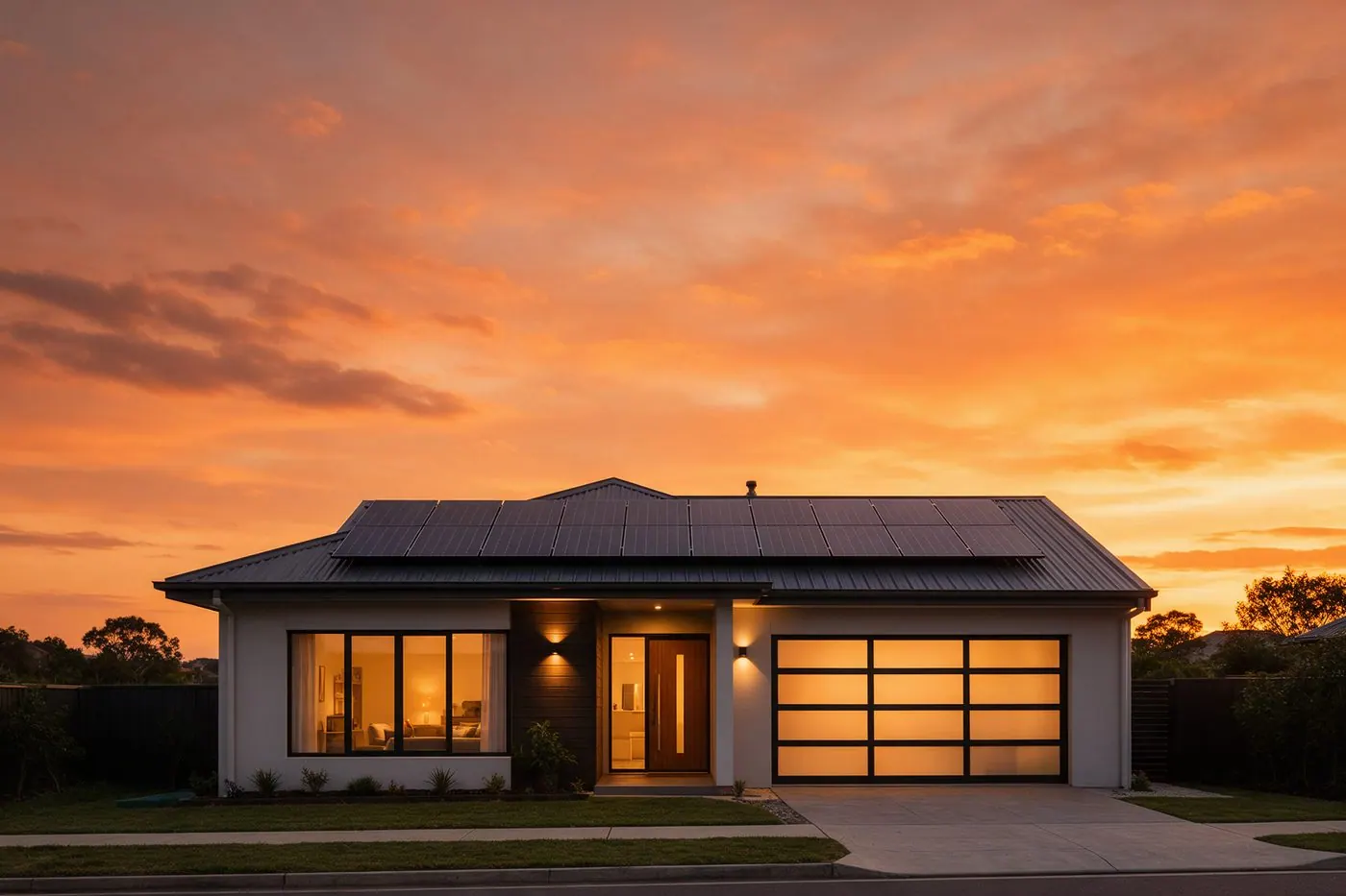 Casa com painéis ao pôr do sol